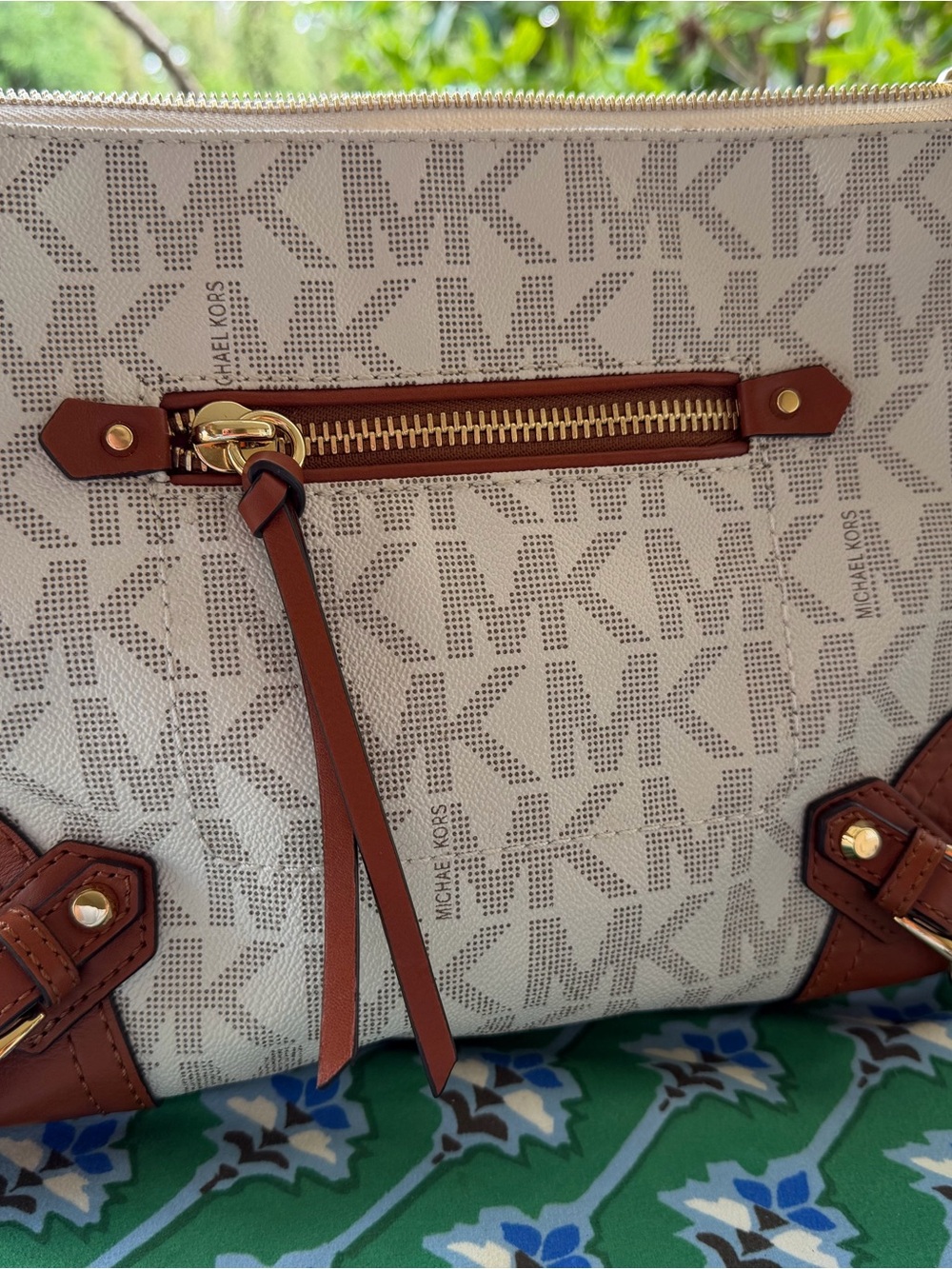 Michael Kors Cream MK Signature Crossbody with Brown Trim and Gold Hardware